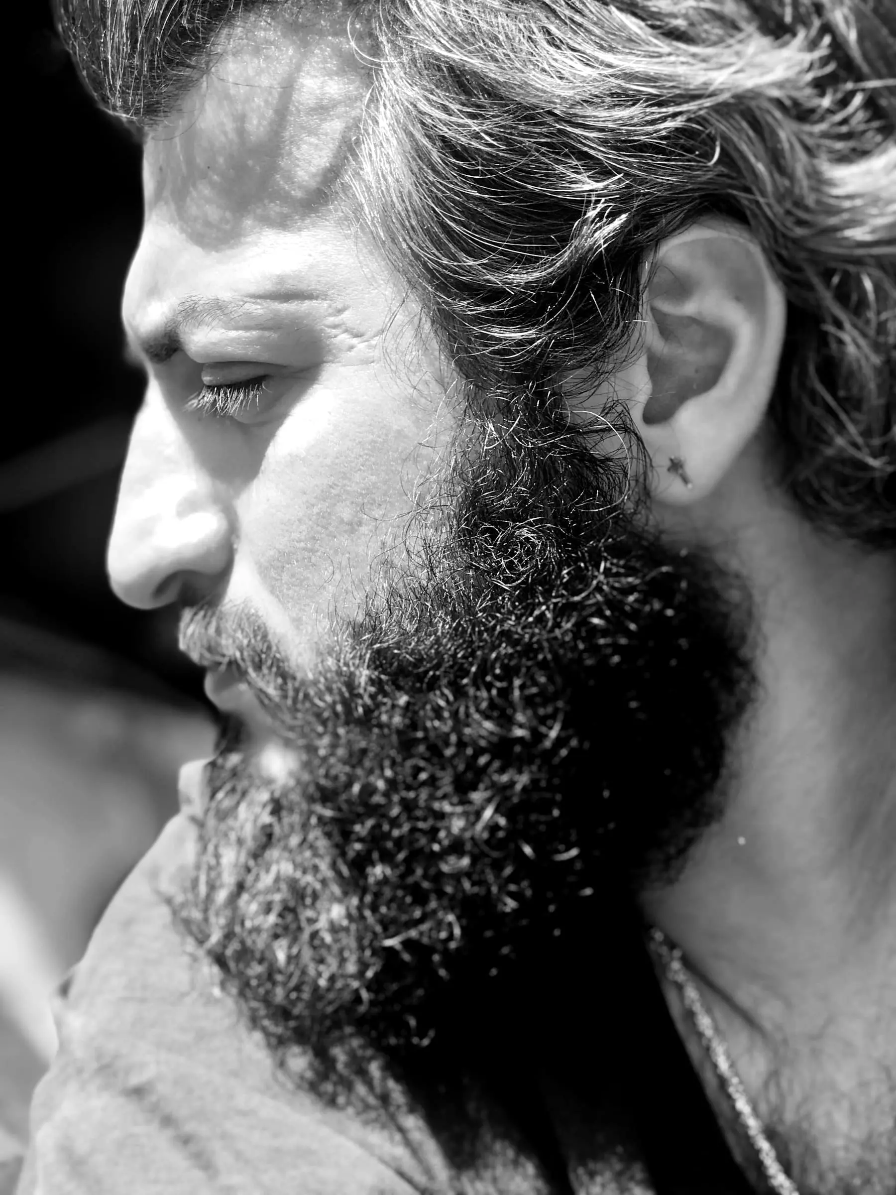 Profile of a man with a thick beard and wavy hair
